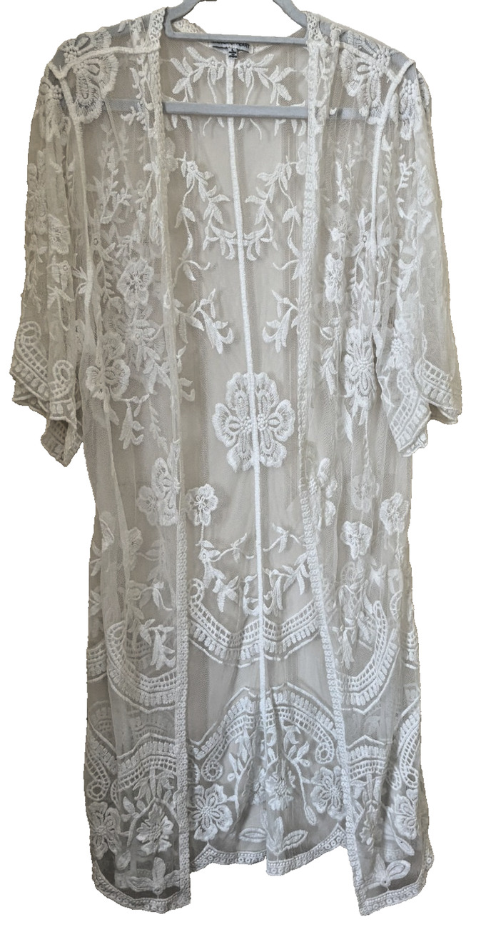 Woven Heart Cream Color Kimono Large Duster Lace Embroidered Boho Beach